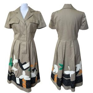 Oscar De La Renta Embroidered Floral Midi Shirt Dress Khaki